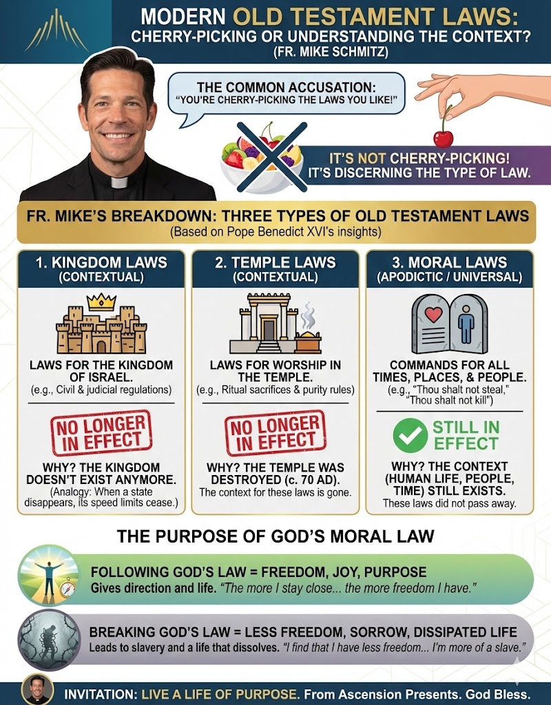 Infographic discussing Old Testament laws by Fr. Mike Schmitz, categorizing them into three types: Kingdom Laws (no longer in effect), Temple Laws (no longer in effect), and Moral Laws (still in effect).