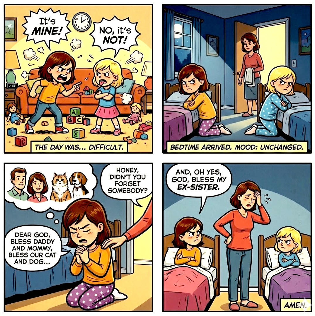 A comic strip depicting two young girls fighting over a toy in a messy living room, showcasing sibling conflict.
