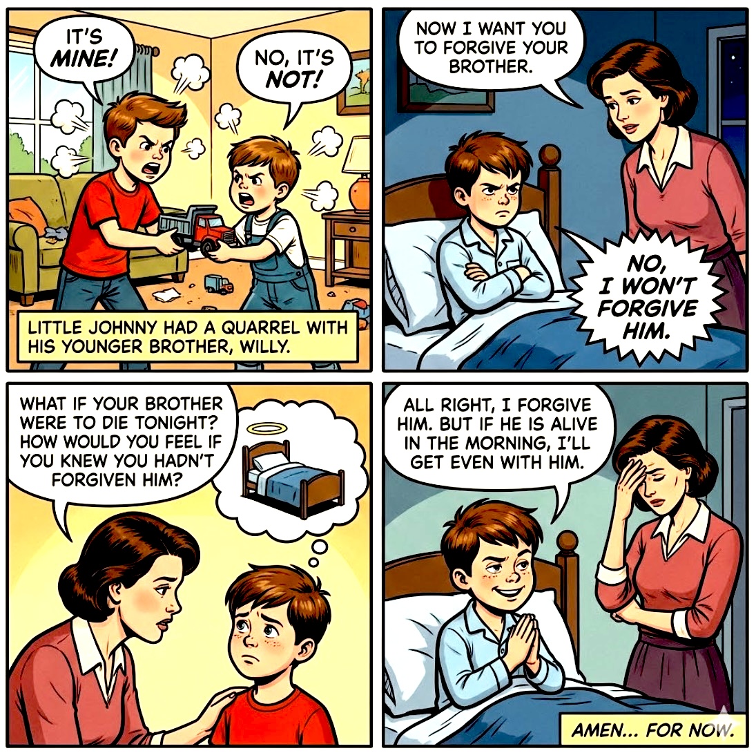 A comic strip depicting a quarrel between two brothers, Johnny and Willy, over a toy. The mother encourages Johnny to forgive Willy, but Johnny initially refuses. In a reflective moment, the mother poses a hypothetical situation about Willy's potential death, prompting Johnny to reconsider. Ultimately, he agrees to forgive Willy but hints at a plan for revenge, concluding with a humorous 'Amen' from both.