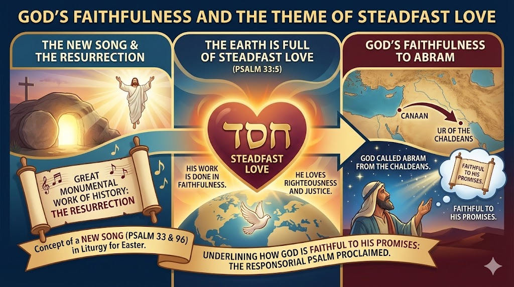 Infographic illustrating God's faithfulness, featuring themes of resurrection, steadfast love, and God's promises to Abram. Sections include imagery of the resurrection, Psalm 33:5, and a geographical map highlighting Abram's call from Ur of the Chaldeans to Canaan.