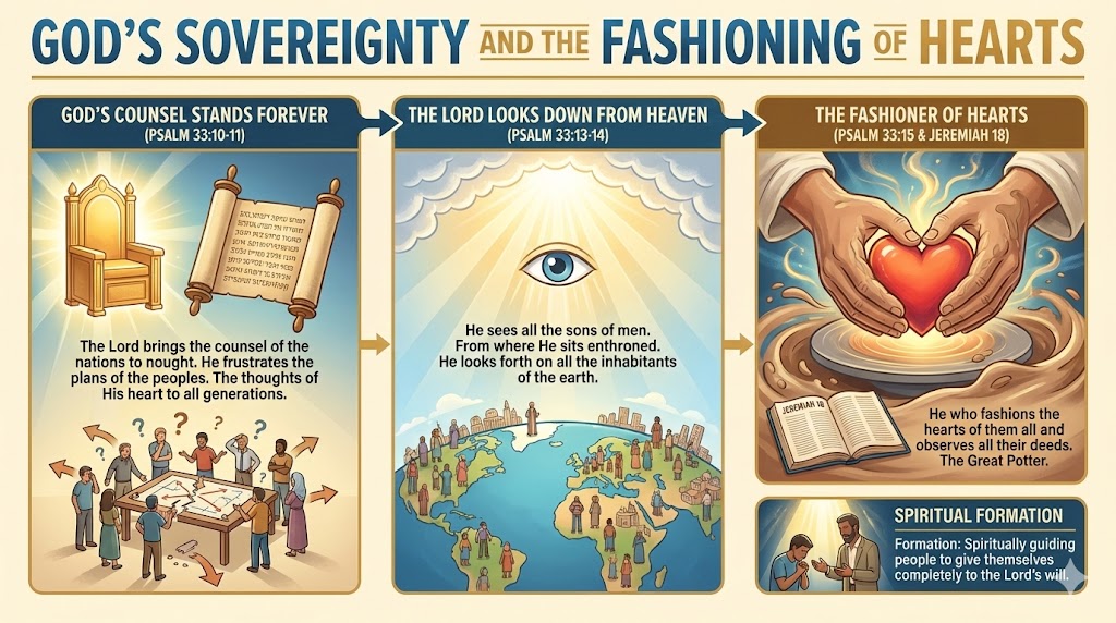 An infographic titled 'God's Sovereignty and the Fashioning of Hearts' depicting three main concepts: God's counsel, God's observation of humanity, and the shaping of hearts. The left section illustrates God's eternal guidance with imagery of a throne and scrolls, the center section shows God's eye looking down on people, and the right section features hands forming a heart with a scripture book, emphasizing spiritual formation.