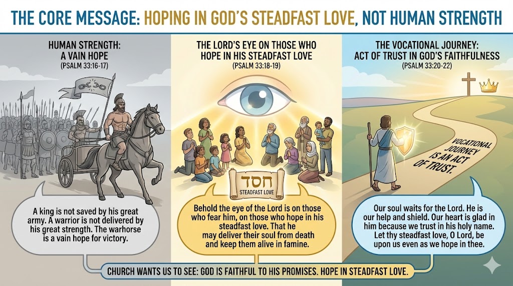 An illustrated infographic emphasizing the importance of trusting in God's steadfast love over human strength, featuring biblical references and visual elements related to hope, faith, and divine support.