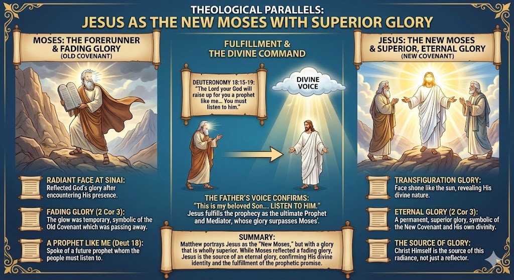 Infographic comparing Moses and Jesus as prophetic figures, detailing their roles under the Old and New Covenants, including themes of glory, divine voice, and fulfillment of commands.