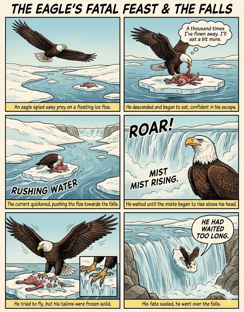 A comic strip illustrating an eagle hunting on an ice floe, confident in its escape.