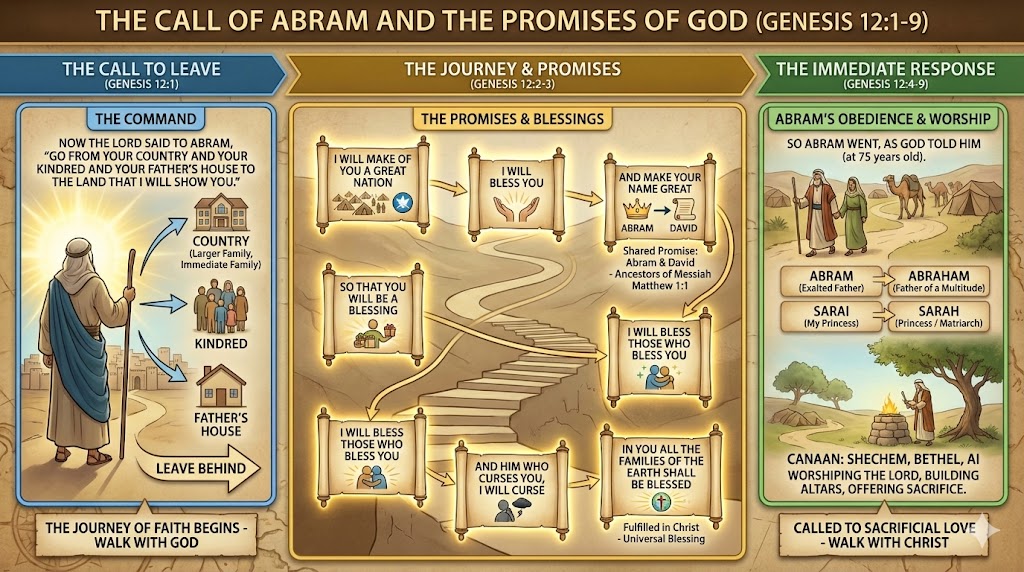 Illustration depicting the biblical story of Abram's call and God's promises, divided into four sections: The Call to Leave, The Journey & Promises, The Immediate Response, and Abram's Obedience & Worship. Includes scripture references and visual elements representing family, land, and spiritual blessings.