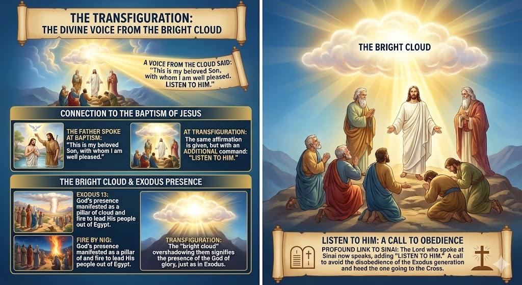 Illustration depicting the Transfiguration of Jesus with a divine voice emanating from a bright cloud, surrounded by disciples. The image includes visual connections to the baptism of Jesus and biblical references to God's presence.