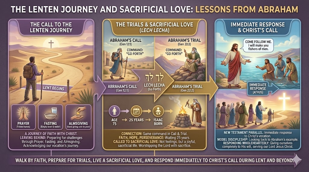 Illustration depicting the Lenten journey and lessons from Abraham, highlighting themes of prayer, fasting, and almsgiving, along with biblical references to Abraham's call and trials, and an immediate response to Christ's call.