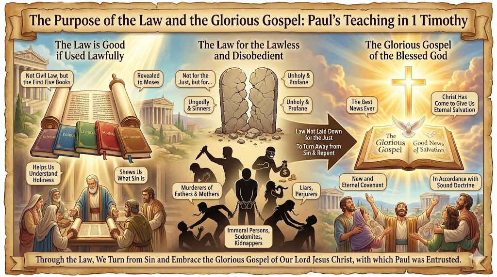 Illustration depicting 'The Purpose of the Law and the Glorious Gospel' based on Paul's teaching in 1 Timothy, highlighting the Law's role in understanding sin and the Gospel's message of salvation.