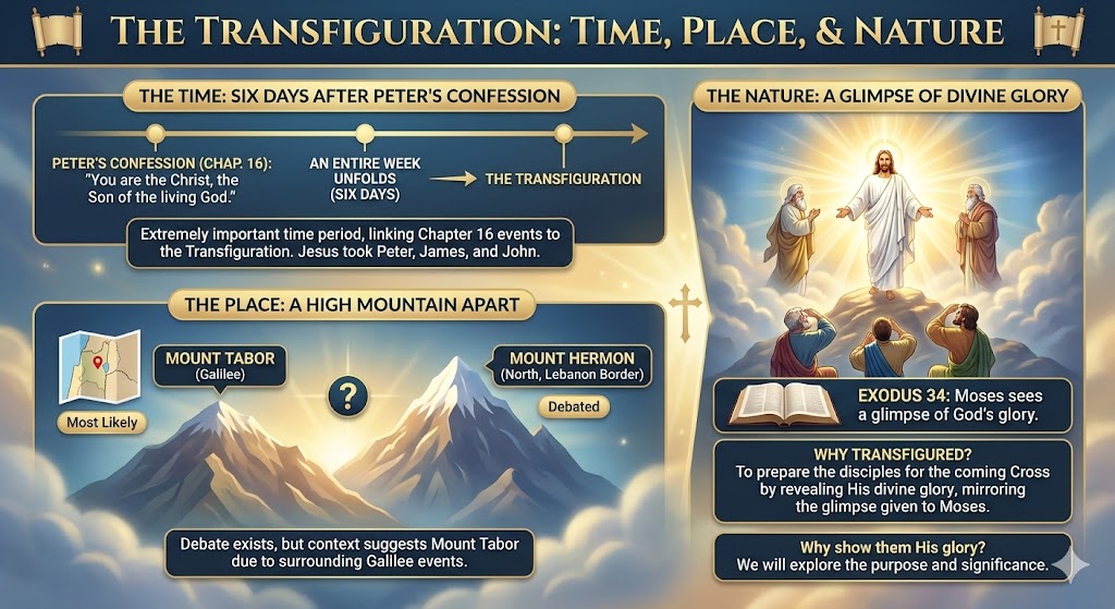 An infographic titled 'The Transfiguration: Time, Place, & Nature' depicting key aspects of the Transfiguration event. It illustrates the time (six days after Peter's confession), the place (Mount Tabor and Mount Hermon), and includes a visual representing divine glory with Jesus and figures from biblical context.