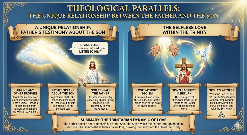 Infographic titled 'Theological Parallels: The Unique Relationship Between the Father and the Son', detailing key aspects of the relationship as seen in Christianity.