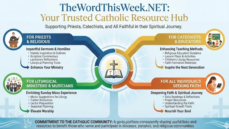Infographic promoting TheWordThisWeek.NET, a Catholic resource hub. Sections for priests, catechists, and all individuals seeking spiritual growth, each highlighting specific resources and tools.