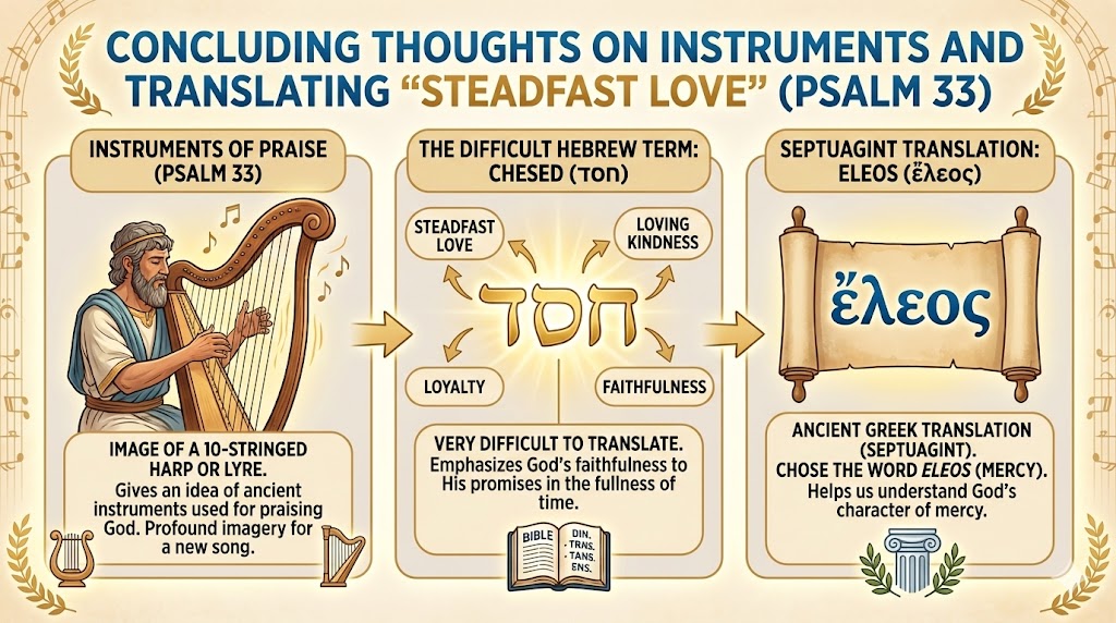 Infographic discussing instruments of praise from Psalm 33, featuring a harp and explanations of the Hebrew term 'chesed' and the Greek term 'eleos'.