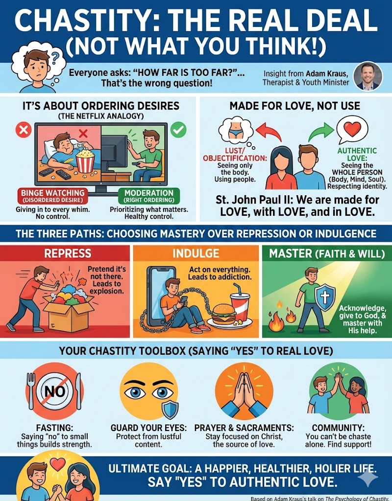 Infographic on chastity discussing desires and authentic love, featuring sections on moderation versus binge-watching, repressive and indulgent behaviors, and tools for practicing chastity.