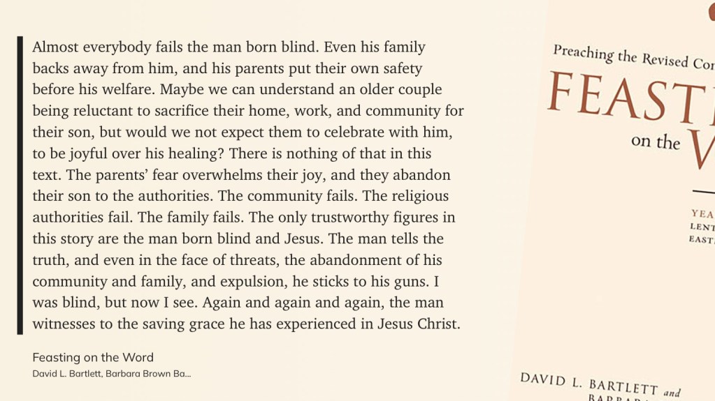 Text excerpt discussing the story of the man born blind and his experiences with family and community in a religious context, alongside the cover of the book 'Feasting on the Word'.