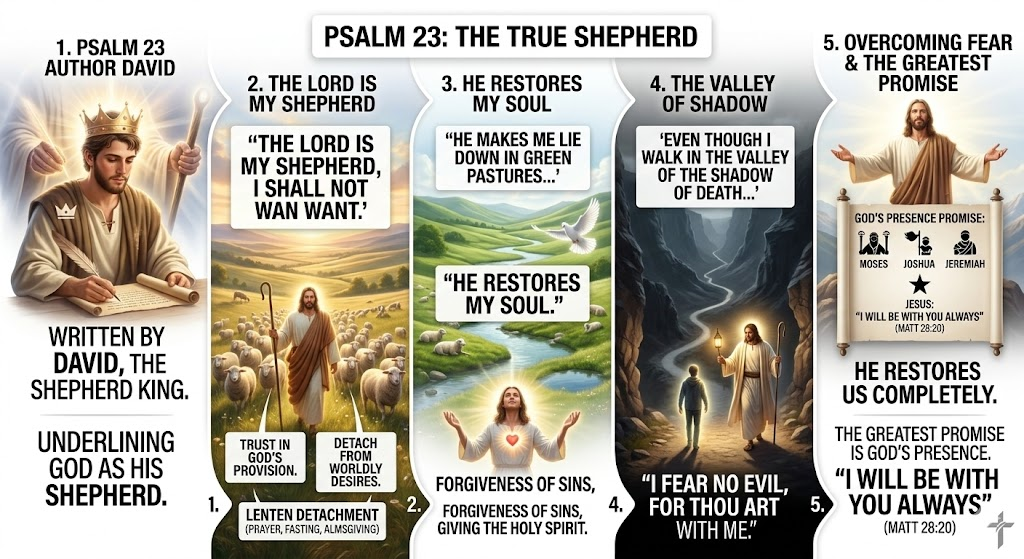 Illustration summarizing Psalm 23, featuring themes of trust in God as a shepherd, restoration of the soul, and overcoming fear, with references to notable biblical figures.
