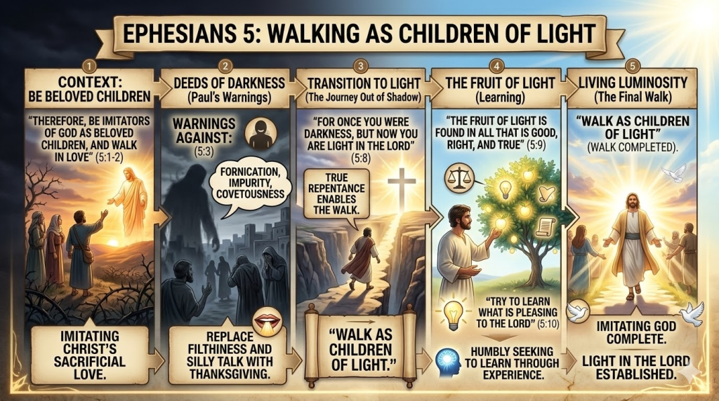 Infographic titled 'Ephesians 5: Walking as Children of Light' detailing themes of the biblical passage, including context, warnings against immoral behaviors, transition to light, fruits of light, and living in luminosity.