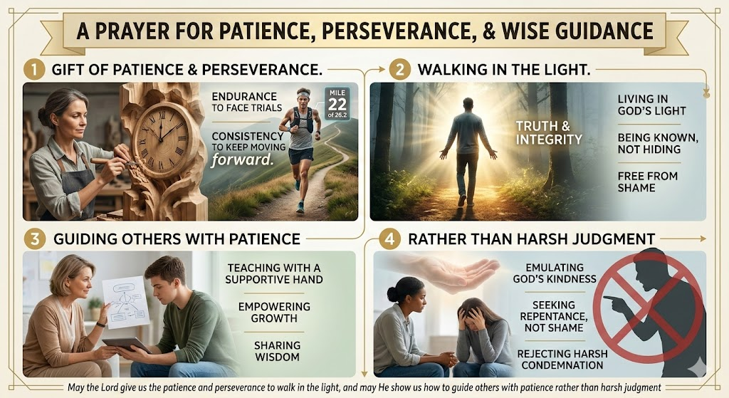 An infographic titled 'A Prayer for Patience, Perseverance, & Wise Guidance' featuring four sections with illustrations and text: 1. The gift of patience and perseverance, showing a woman with a clock and a runner at mile 22 of a marathon. 2. Walking in the light, depicting a person in a sunlit path symbolizing truth and integrity. 3. Guiding others with patience, illustrating a supportive hand, teaching, and empowering growth. 4. Rather than harsh judgment, with images emphasizing kindness, repentance, and rejecting harsh condemnation.