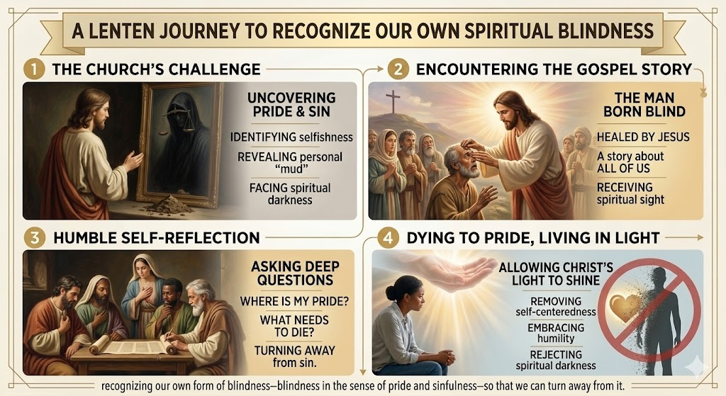 Infographic titled 'A Lenten Journey to Recognize Our Own Spiritual Blindness' outlining four key themes: The Church's Challenge, Encountering the Gospel Story, Humble Self-Reflection, and Dying to Pride, Living in Light, each accompanied by images depicting related biblical themes and actions.
