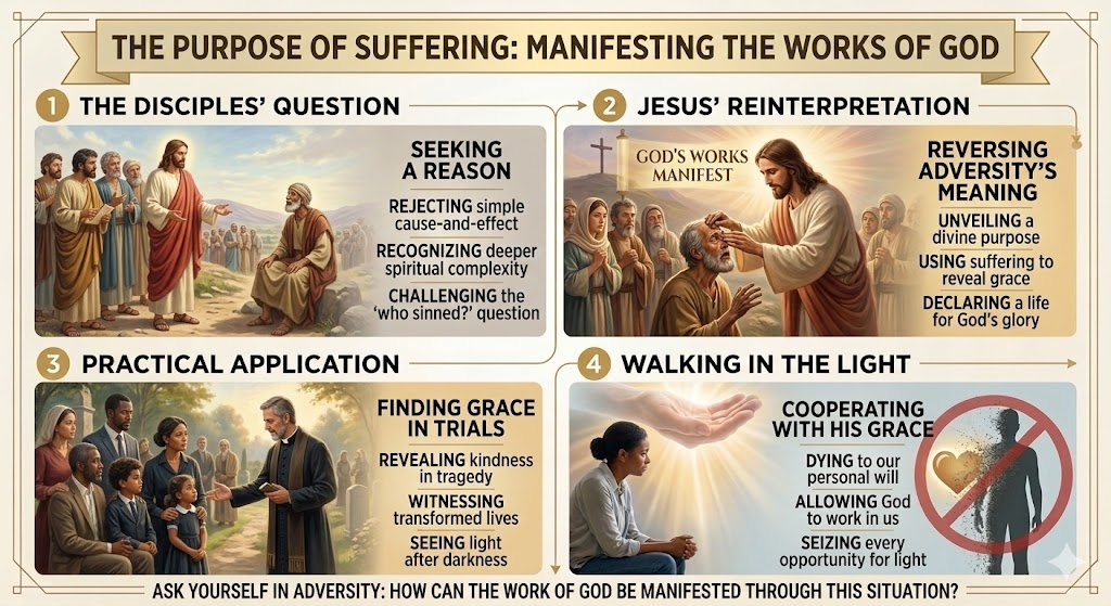 An infographic titled 'The Purpose of Suffering: Manifesting the Works of God,' featuring four sections: 1) The Disciples' Question, discussing seeking reasons for suffering; 2) Jesus' Reinterpretation, focusing on reversing adversity's meaning; 3) Practical Application, illustrating finding grace in trials; 4) Walking in the Light, highlighting cooperation with God's grace.
