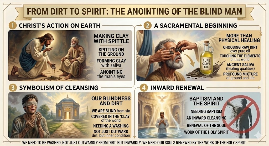An infographic titled 'From Dirt to Spirit: The Anointing of the Blind Man' illustrating key concepts of Christ's actions, symbolic cleansing, and inward renewal related to healing.