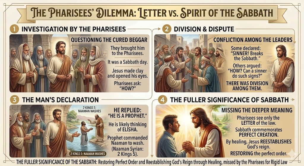 Infographic titled 'The Pharisees' Dilemma: Letter vs. Spirit of the Sabbath,' illustrating a biblical theme.