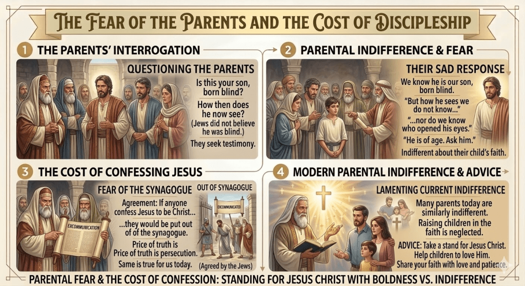 An infographic titled 'The Fear of the Parents and the Cost of Discipleship', featuring illustrations related to a discussion about the blind man's healing, parental indifference, and the challenges of confessing faith in Jesus.